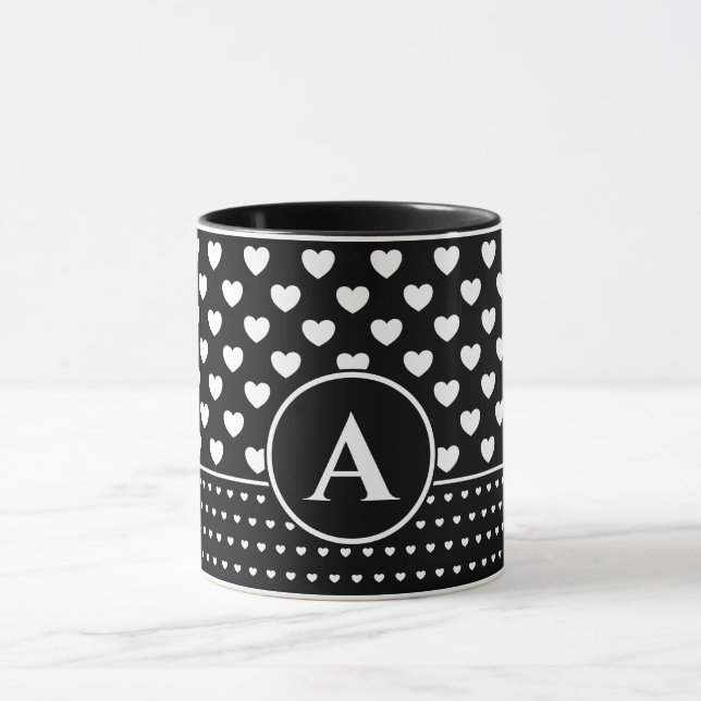 Stylish Black And White Hearts - Custom Monogram Mug (Center)