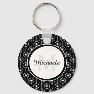 Stylish Black and White Hearts Monogram With Name Key Ring