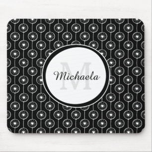 Stylish Black and White Hearts Monogram With Name Mouse Mat