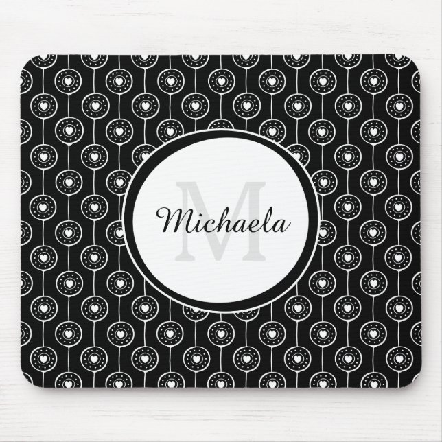 Stylish Black and White Hearts Monogram With Name Mouse Mat (Front)