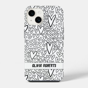 Stylish Black and White Hearts Pattern Personalise iPhone 14 Case