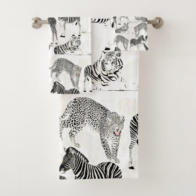 Stylish Black and White Jungle Animals Pattern Bath Towel Set (Insitu)