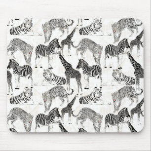 Stylish Black and White Jungle Animals Pattern Mouse Mat
