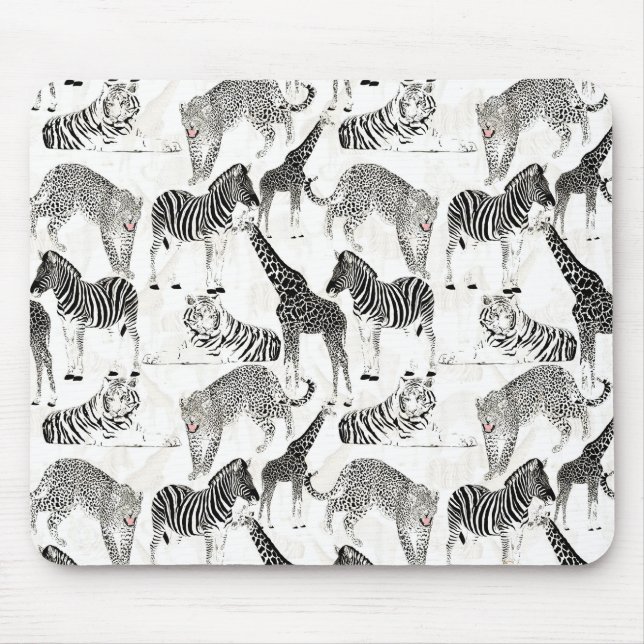 Stylish Black and White Jungle Animals Pattern Mouse Mat (Front)