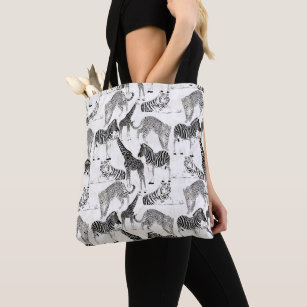 Stylish Black and White Jungle Animals Pattern Tote Bag