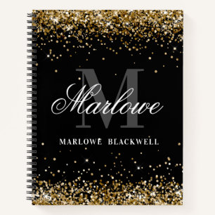 Stylish Black and White Monogram Gold Glitter Notebook