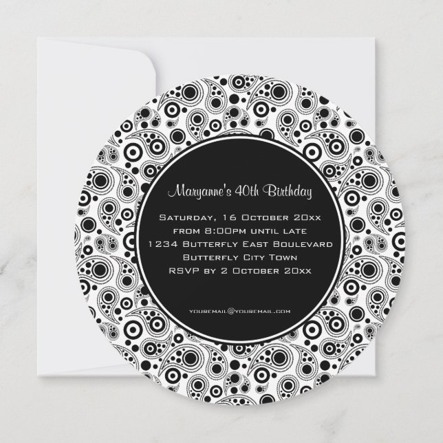 Stylish Black and White paisley style Birthday Invitation (Back)