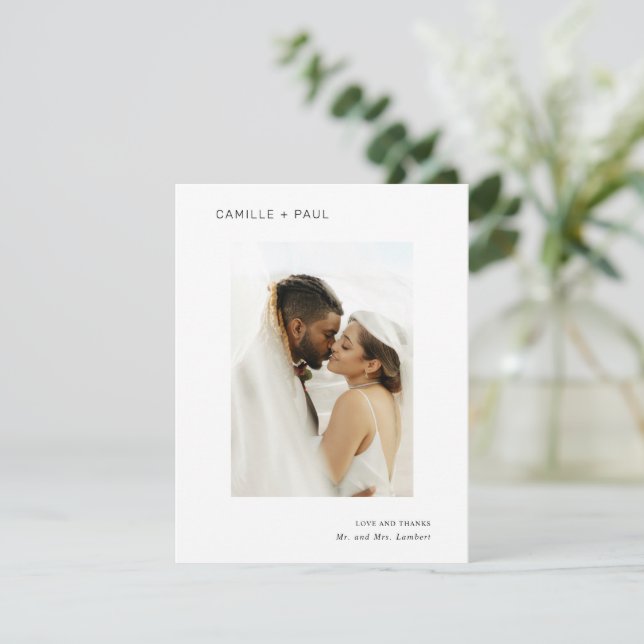 Stylish Black and White Photo Minimalist Wedding Thank You Card (Standing Front)