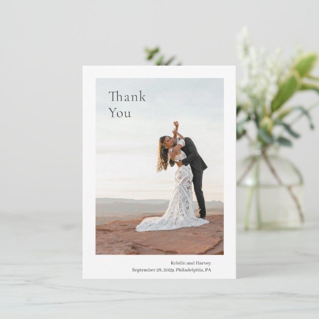 Stylish Black and White Photo Modern Wedding Thank You Card (Standing Front)