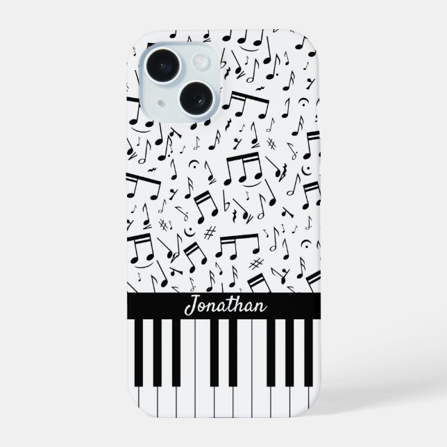 Stylish black and white piano keys iPhone 15 case (Back)
