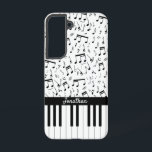 Stylish black and white piano keys samsung galaxy case<br><div class="desc">Customise the text on this piano design featuring piano keys and a pattern of musical notes</div>