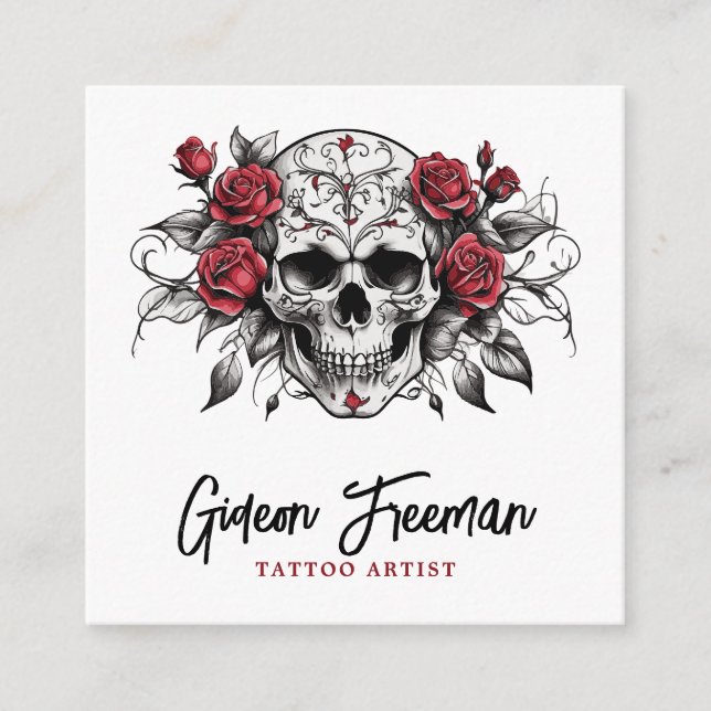 Stylish Black and White Roses Skull Tattoo Artist Square Business Card (Front)