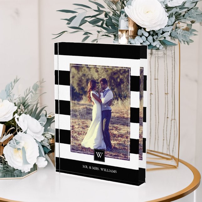 Stylish Black and White Stripes Monogrammed Photo Block (Creator Uploaded)