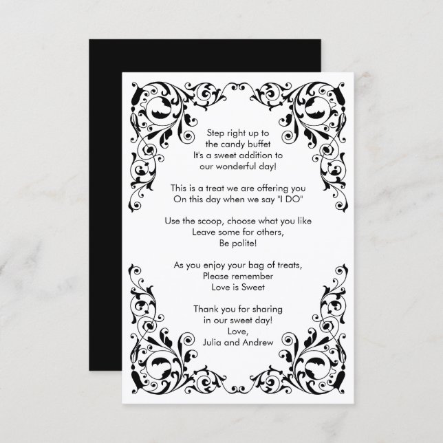 Stylish Black and White Swirls Candy Buffet Thank You Card (Front/Back)
