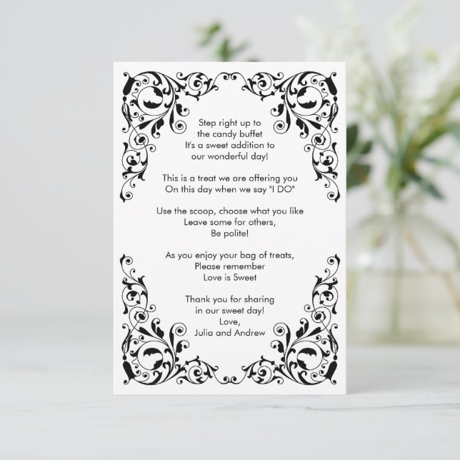 Stylish Black and White Swirls Candy Buffet Thank You Card (Standing Front)