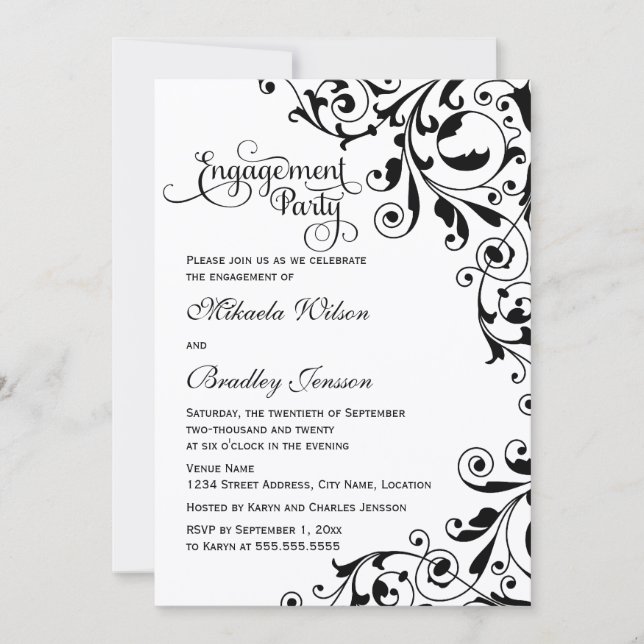 Stylish Black and White Swirls Engagement Party Invitation (Front)
