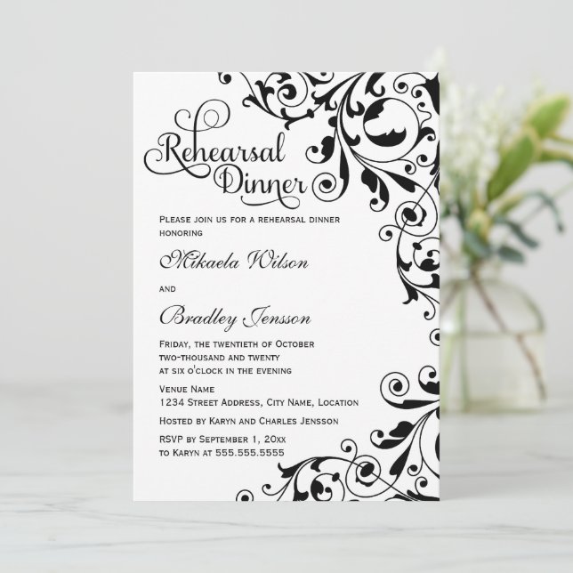 Stylish Black and White Swirls Rehearsal Dinner Invitation (Standing Front)