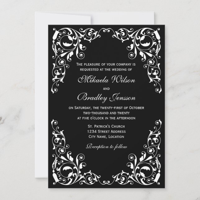 Stylish Black and White Swirls Wedding Invitation (Front)