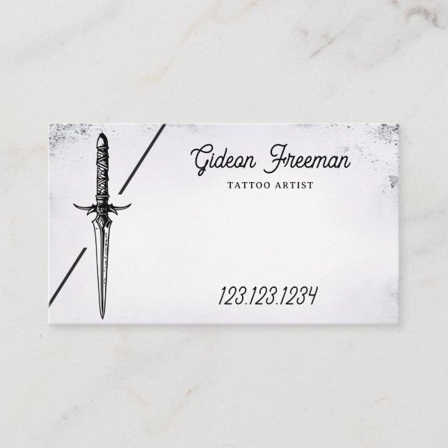 Stylish Black and White Sword Tattoo Shop Business Card (Front)