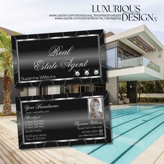 Stylish Black and White with Diamonds & Photo Cool Business Card (Creator Uploaded)