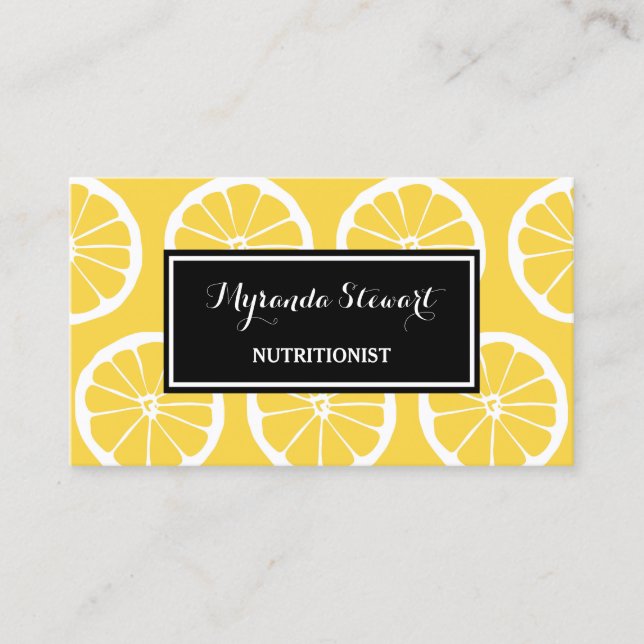 Stylish Black and Yellow Lemon Slices Nutritionist Business Card (Front)