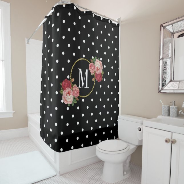 Stylish Black Antique Floral Polka Dots Monogram Shower Curtain (In Situ)