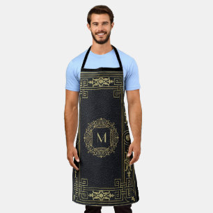 Stylish Black Black Leather Monogram Initial Apron