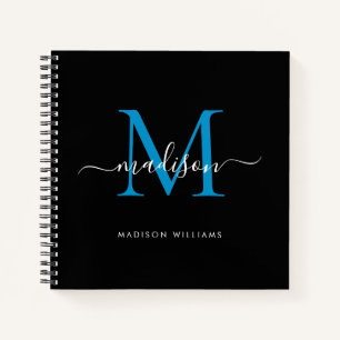 Stylish Black Blue Monogram Initial Script Name Notebook