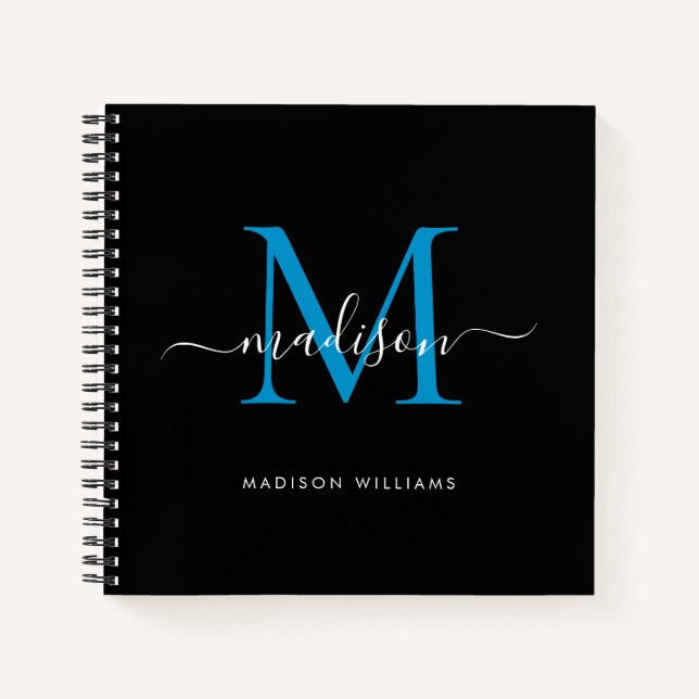 Stylish Black Blue Monogram Initial Script Name Notebook (Front)