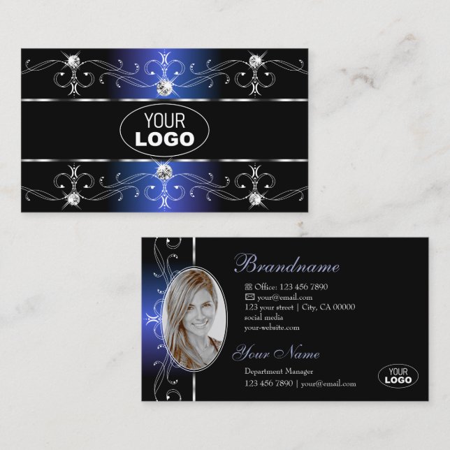 Stylish Black Blue Ornate Borders Jewels Logo Foto Business Card (Front/Back)