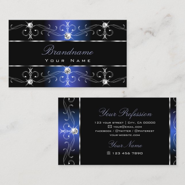Stylish Black Blue Ornate Borders Jewels Ornaments Business Card (Front/Back)