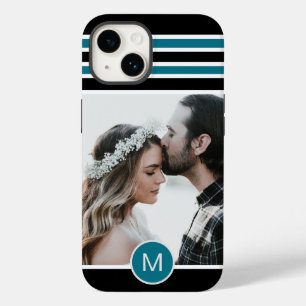 Stylish Black Blue Striped Monogram Custom Photo Case-Mate iPhone 14 Case