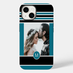 Stylish Black Blue Striped Monogram Custom Photo iPhone 14 Case