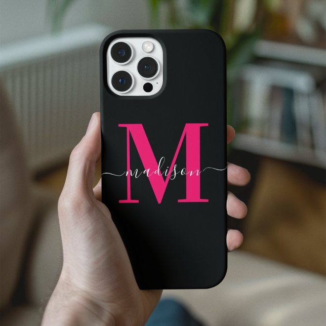 Stylish Black & Bold Hot Pink Monogram Initial  Case-Mate iPhone Case (Creator Uploaded)