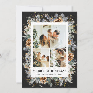 Stylish Black Botanical Photo Frame Christmas Holiday Card