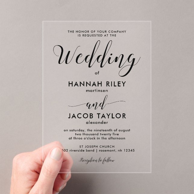 Stylish Black Calligraphy Elegant Wedding Acrylic Invitations (Insitu (Handheld))