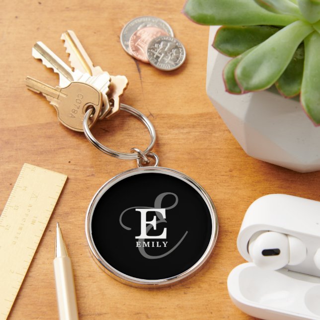 Stylish Black Calligraphy Script Monogram Name Key Ring (Desk)