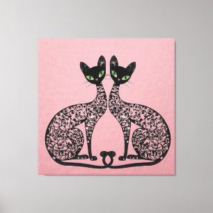Stylish Black Cats Filigree Stretched Canvas Print