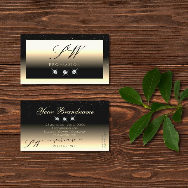 Stylish Black Cream Gold Sparkle Diamonds Initials Business Card (Creator Uploaded)
