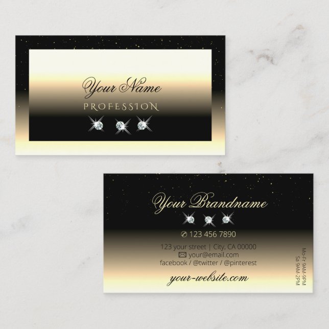Stylish Black Cream Gold Sparkle Diamonds Luxury Business Card (Front/Back)