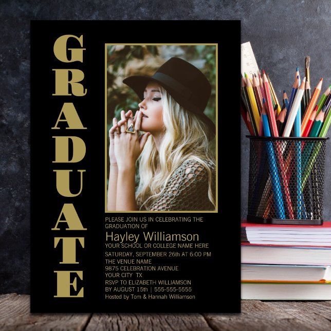 Stylish Black Custom Photo Graduation Party Invitation (Creator Uploaded)