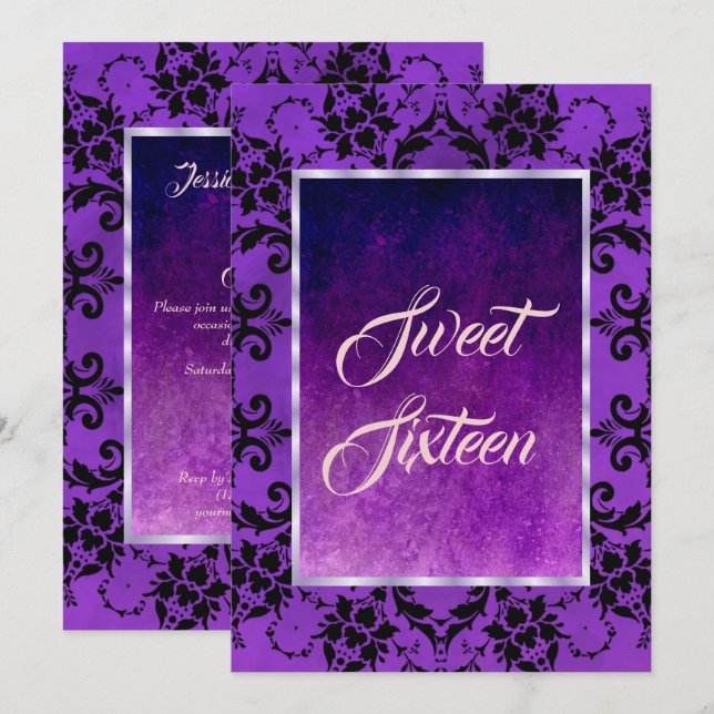 Stylish Black Damask & Gothic Purple Sweet 16 Invitation (Front/Back)