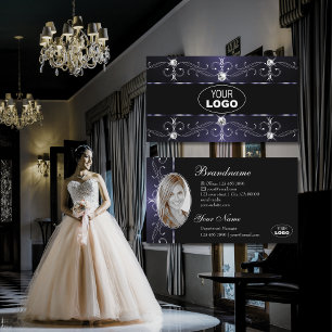 Stylish Black Dark Blue Ornate Borders Logo & Foto Business Card