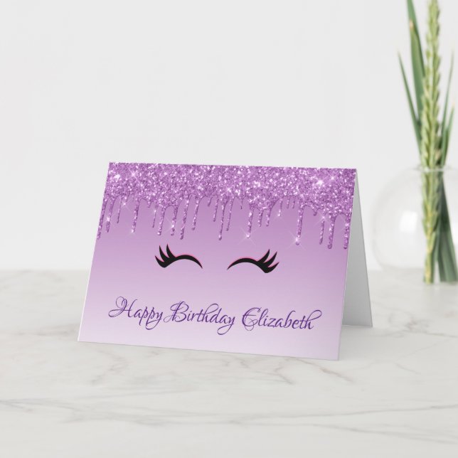 Stylish Black Eyelashes & Purple Glitter Birthday Card (Front)