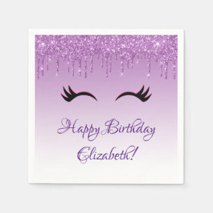 Stylish Black Eyelashes & Purple Glitter Birthday Napkin
