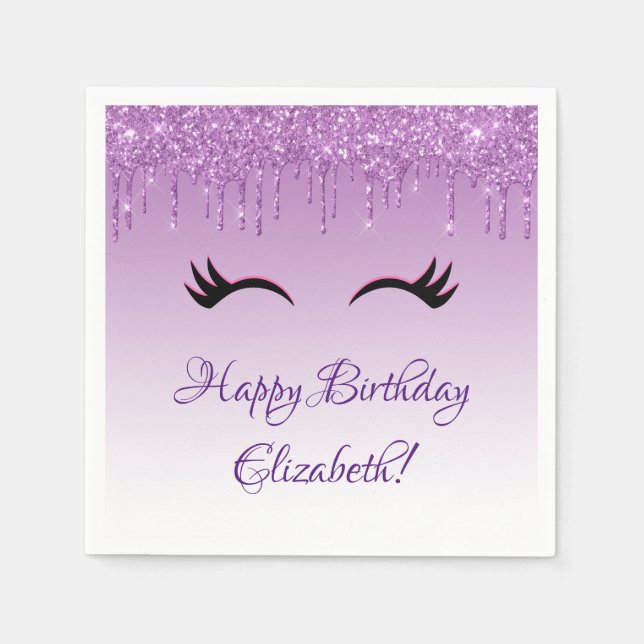 Stylish Black Eyelashes & Purple Glitter Birthday Napkin (Front)