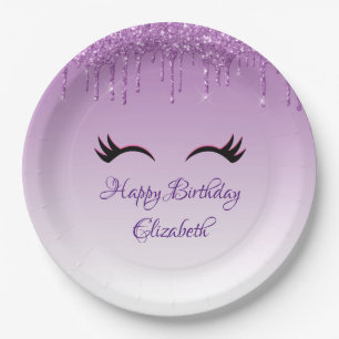 Stylish Black Eyelashes & Purple Glitter Birthday Paper Plate