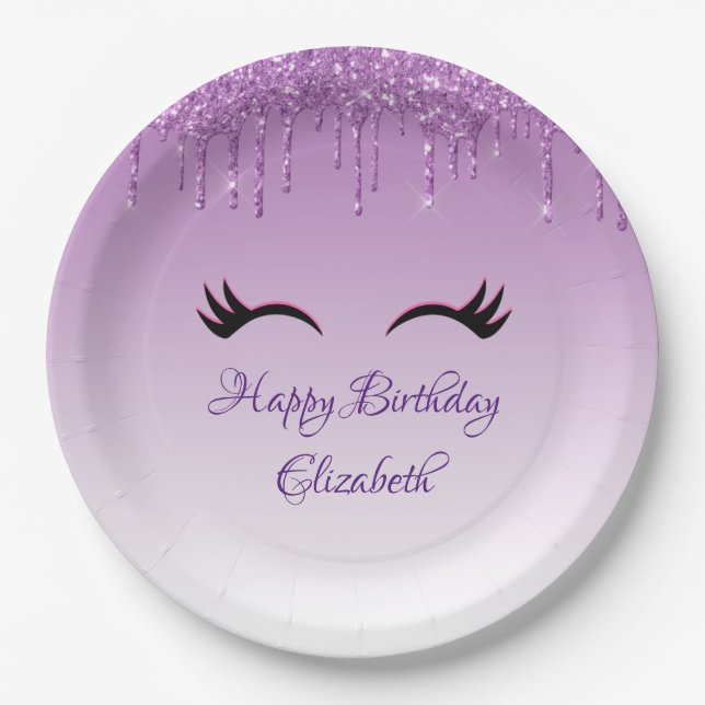 Stylish Black Eyelashes & Purple Glitter Birthday Paper Plate (Front)