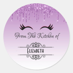 Stylish Black Eyelashes & Purple Glitter Kitchen Classic Round Sticker