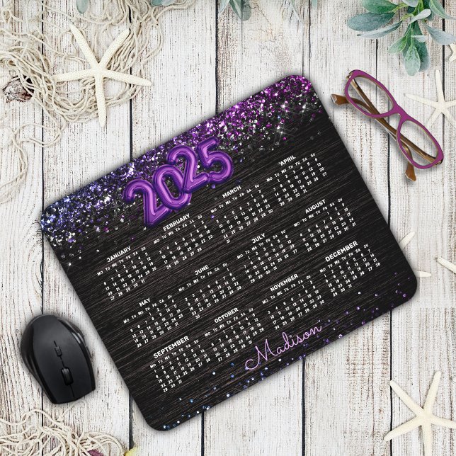 Stylish black faux glitter 2025 monogram calendar mouse mat (Creator Uploaded)